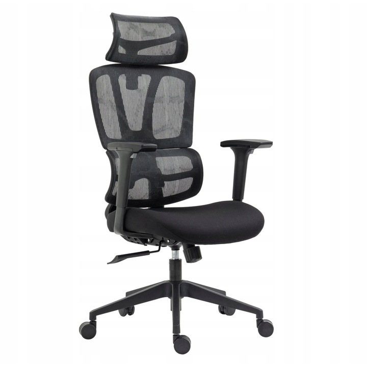 Ергономичен въртящ се офис стол, Furnitex, черен, 119-129 см, лумбална опора, дишащ материал