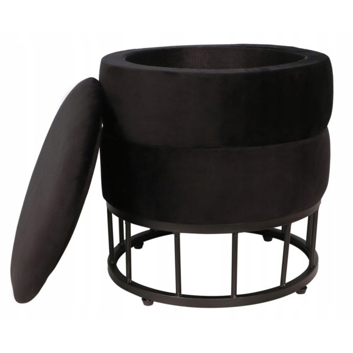 Кръгъл пуф Furnitex, черен велур, 3 в 1, с място за съхранение, 37x37см, височина 42см