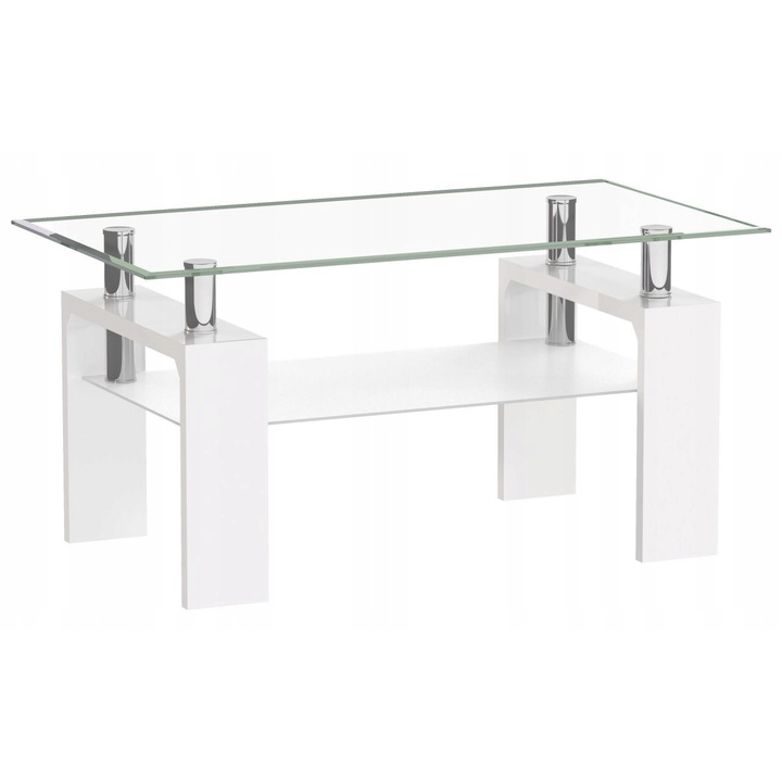 Mese, Холна маса A08-2-H-55, бяла, 110x60см, закалено стъкло, 2 рафта