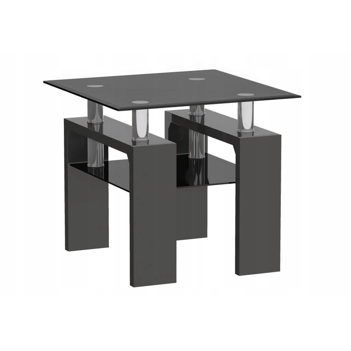 Mese de cafea, Furnitex, 60x60cm, sticla neagra, cu raft