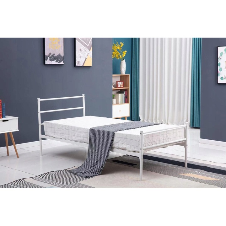 Бяло метално легло за деца, Furnitex, 90x200см, с висока облегалка, включен монтажен комплект