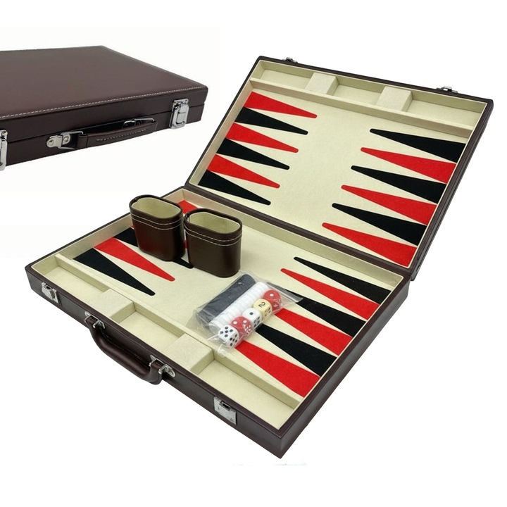 Set Joc de Table Backgammon Ayawaska, cufar din piele sintetica, pliabil, maro, 5,5x36x23,5cm