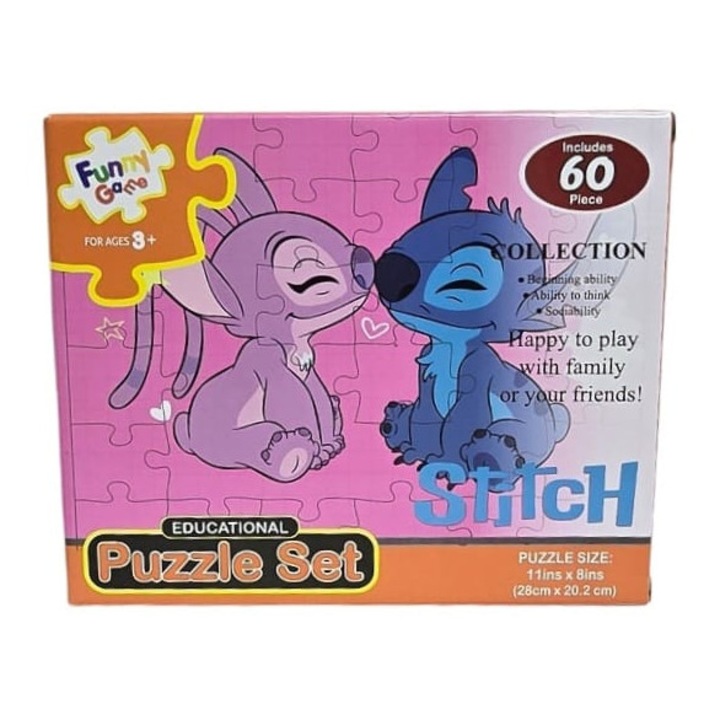 Puzzle copii, Stitch, roz/albastru, 60 piese, 3 ani+
