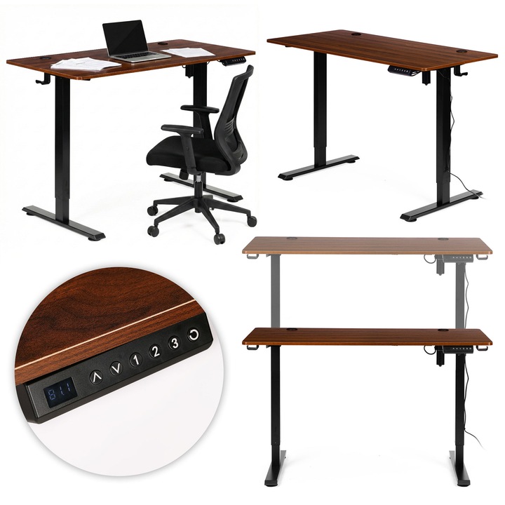 Birou electric, 120x60 cm, inaltime reglabila 72-117 cm, cu suport pentru casti, ModernHome