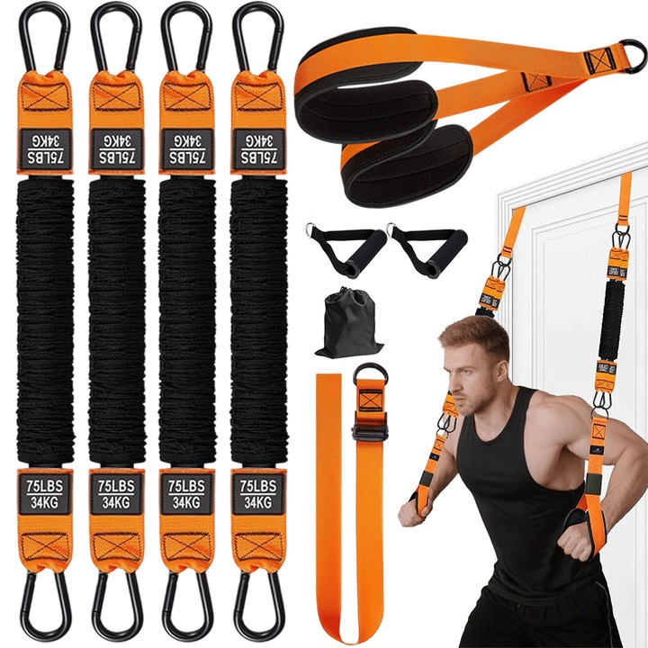 Set benzi de asistenta pentru tractiuni Juksun, 4 benzi latex, 75-300 lbs, portocalii, accesorii complete pentru antrenament acasa
