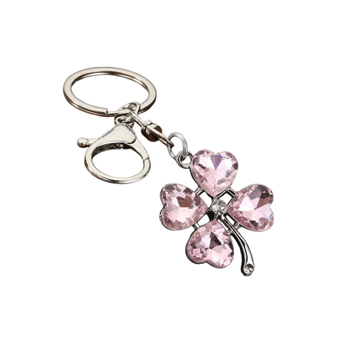 Elegáns kulcstartó, Négylevelű lóhere modell, kristály és strassz medállal, rózsaarany