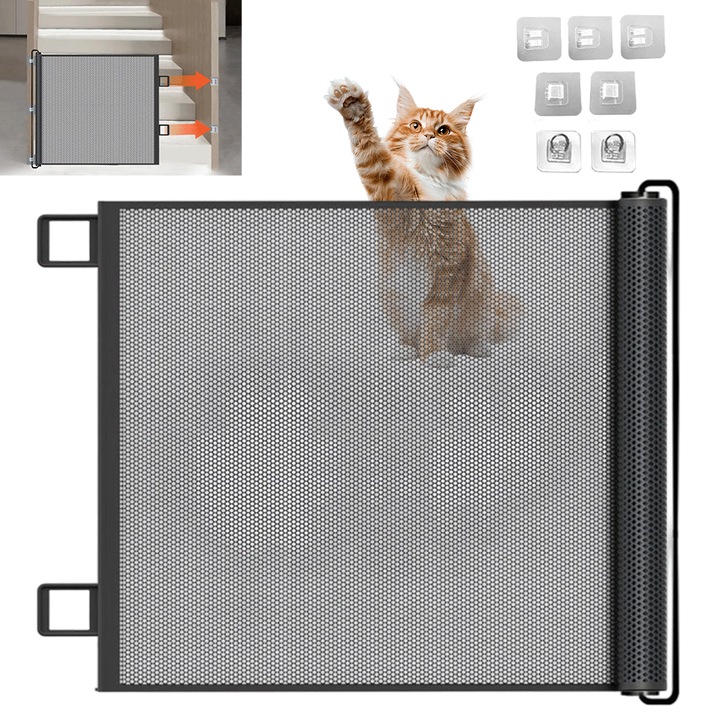 Poarta de siguranta pentru animale, Juksun, Poarta de Siguranta cu Plasa Retractabila, entru usi, Material Plasa Anti-Shock, Protectie Copii/Animale de Companie, scari si holuri, interior / exterior, 130x78cm, negru