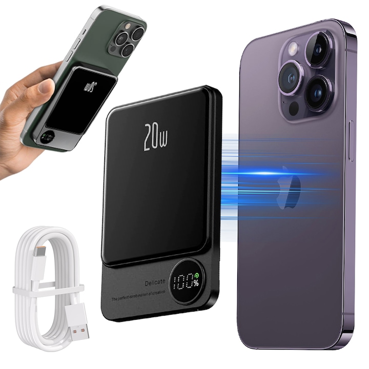 Външна батерия Juksun магнитна 5000mAh, бързо зареждане 20W PD и 15W безжично, сива, ултратънък дизайн