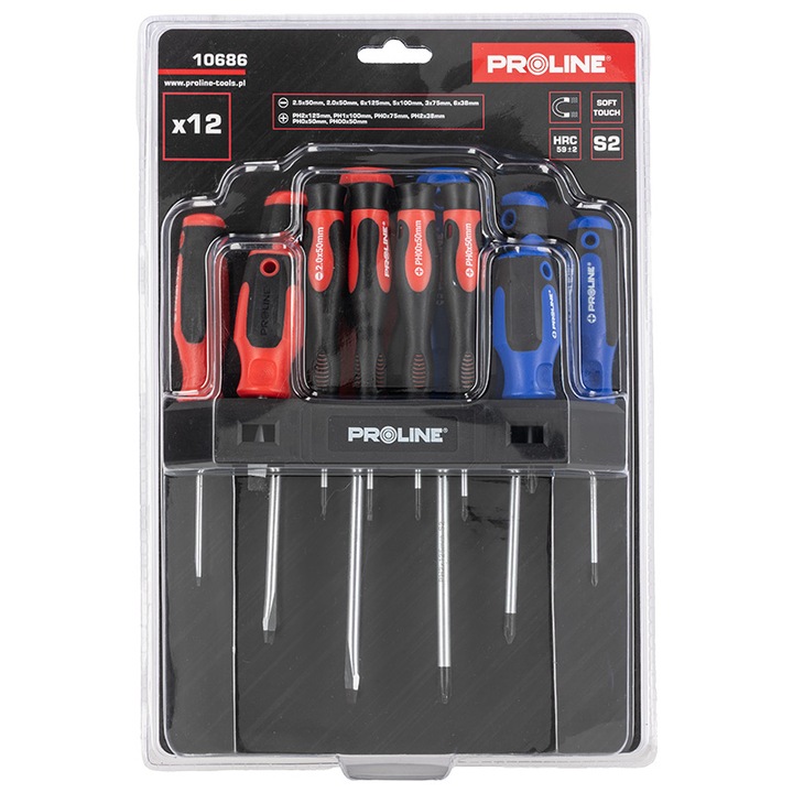 Комплект отвертки S2 с мека дръжка и стойка - 12 части