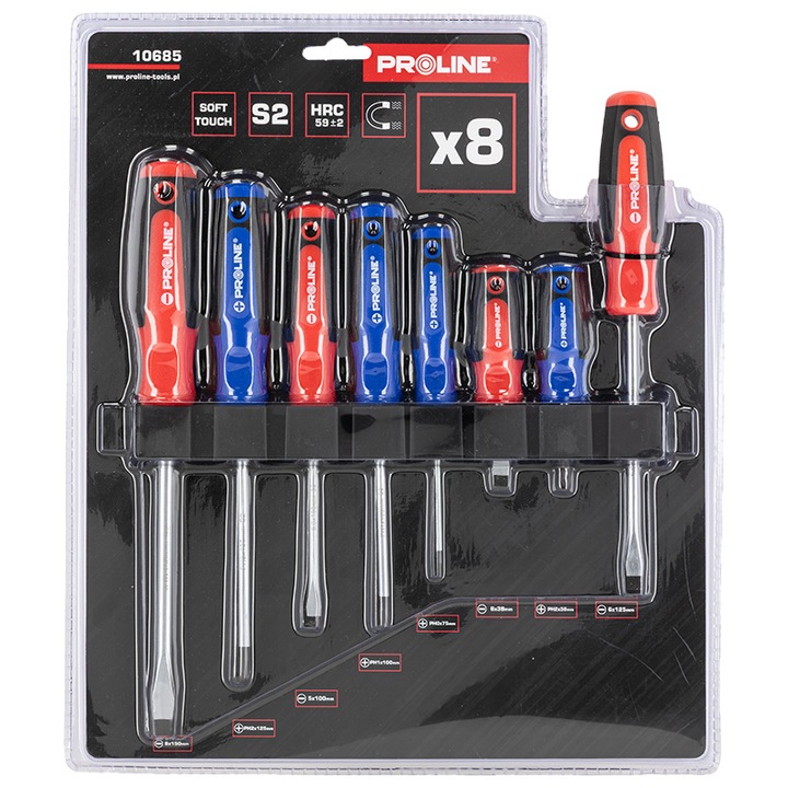 Комплект отвертки S2 с мека дръжка и стойка - 8бр.