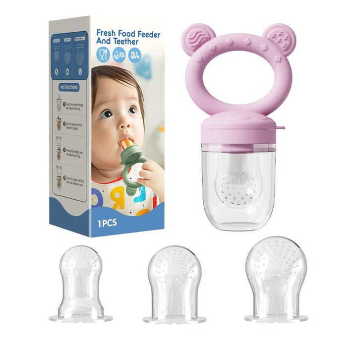 Bébi etetőeszköz, SuooTci, 1 etetővel és 3 szilikon cumival, világos rózsaszín, 11x6,4cm