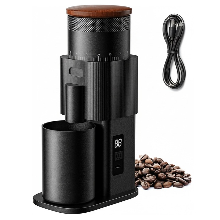 Rasnita de cafea Lehnedar®, Electrica, design compact, motor silentios, 80 setari, Lame din Otel Inoxidabil, negru
