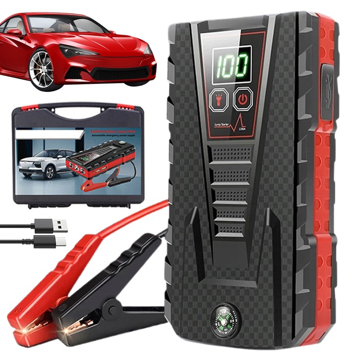 Juksun autóindító bikázó, hordozható, 800A, 10000mAh, fekete, 160x87x35mm