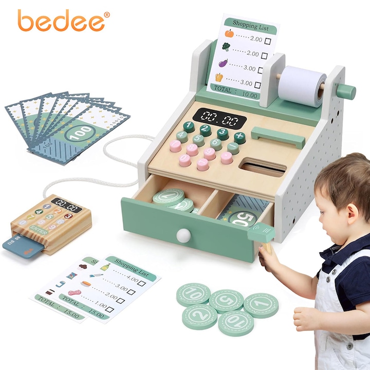 Casa de marcat din lemn pentru copii, Bedee, bani, card, terminal, Durabil, sigur si ecologic,3ani+, Verde