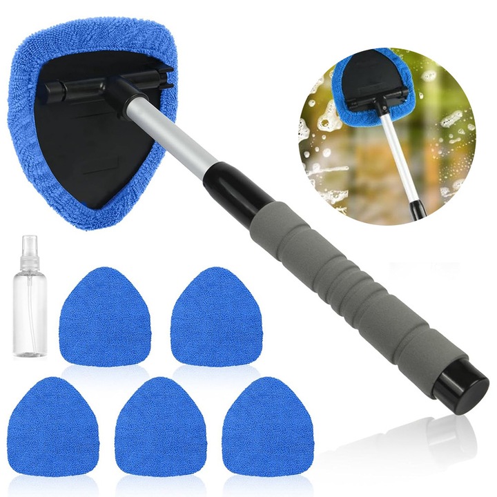 Set unelte curatare parbriz auto, Bedee, cu 5 lavete din microfibra si 1 sticla cu pulverizator, manere extensibil, rotativ la 180 de grade, Albastru