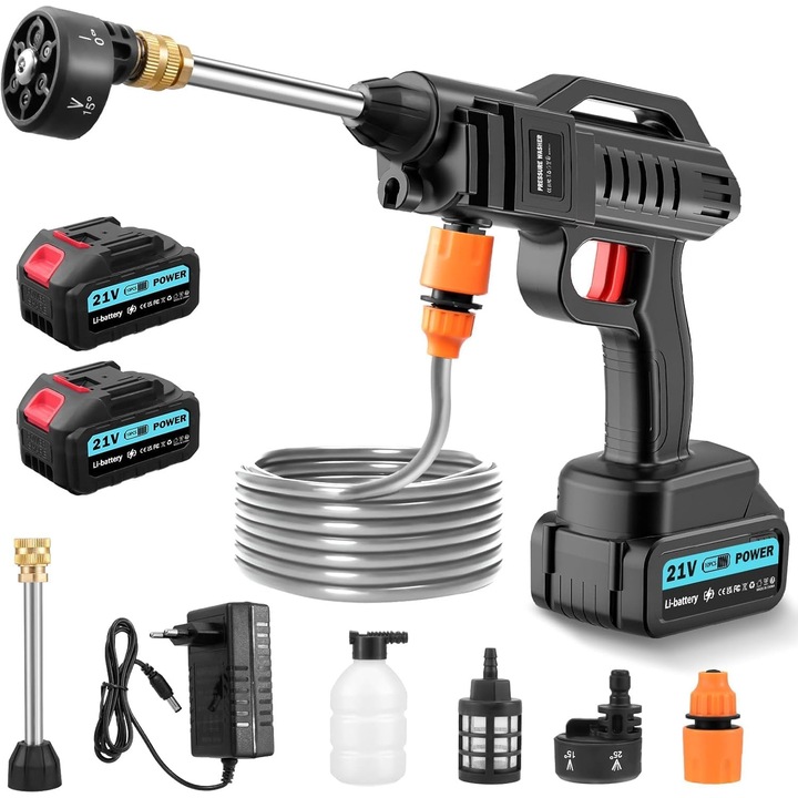 Aparat de Spalat cu Presiune, Bedee, Cap de pulverizare 6 in 1,2 baterii,100 bar,21 V, Furtun 5 m, Potrivit pentru curatarea masinilor, teraselor, geamurilor si piscinelor, Negru