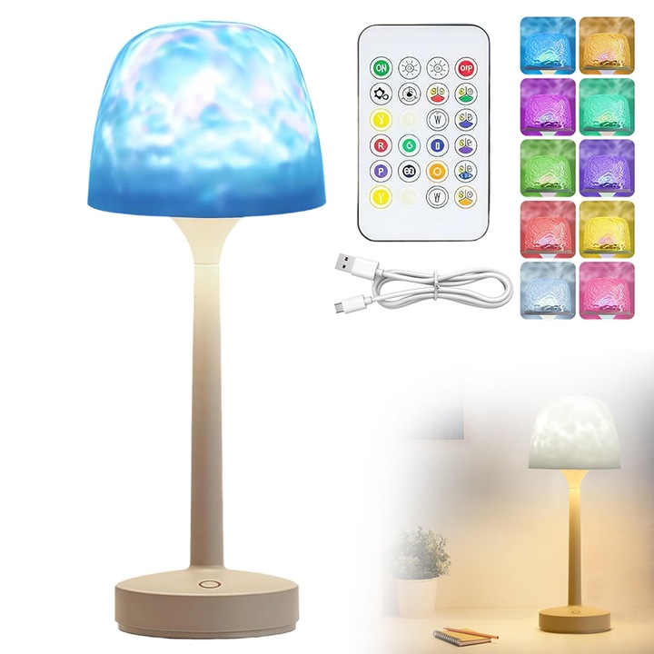 Veioza multifunctionala Juksun, proiector cu 16 culori, lampa de masa, control de la distanta, crem-maro, 12.7x32.1cm