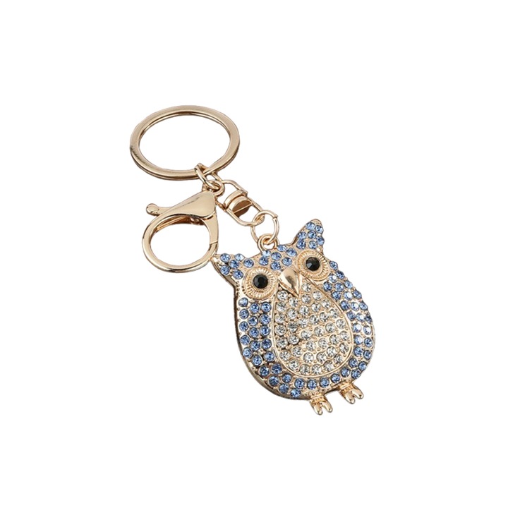Bagoly medál kulcstartó, rajzfilm stílusú, strasszköves, fém, kulcsokhoz és táskákhoz, kék