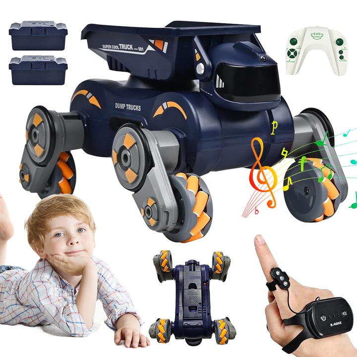 Robot de jucarie stunt, Juksun, control prin telecomanda si gesturi, LED-uri, portocalie si albastra, 28x17x15cm, set cu 2 baterii