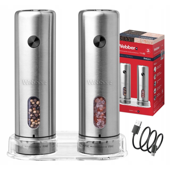 Set 2 Mlynki Electrice pentru Sare si Piper Webber INOX, Sticla, 70ml, USB-C