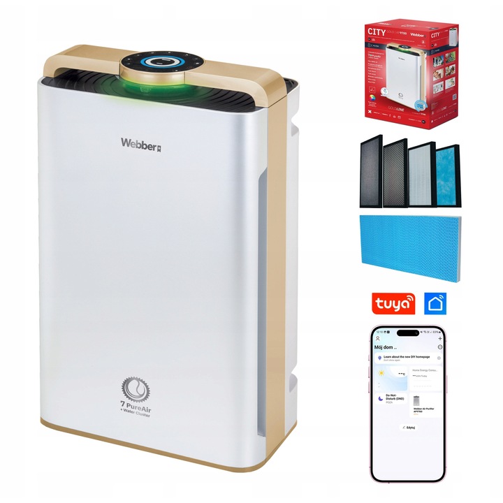 Purificator de aer Webber AP9700, WIFI, HEPA13, Umidificator, Alb, 62x40x23cm, set complet