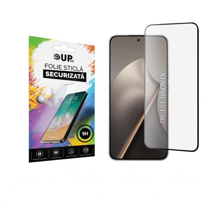 Folie Sticla Securizata Upzz® Compatibila Cu Xiaomi 15T, Transparenta Cu Rama Neagra, Full Glue