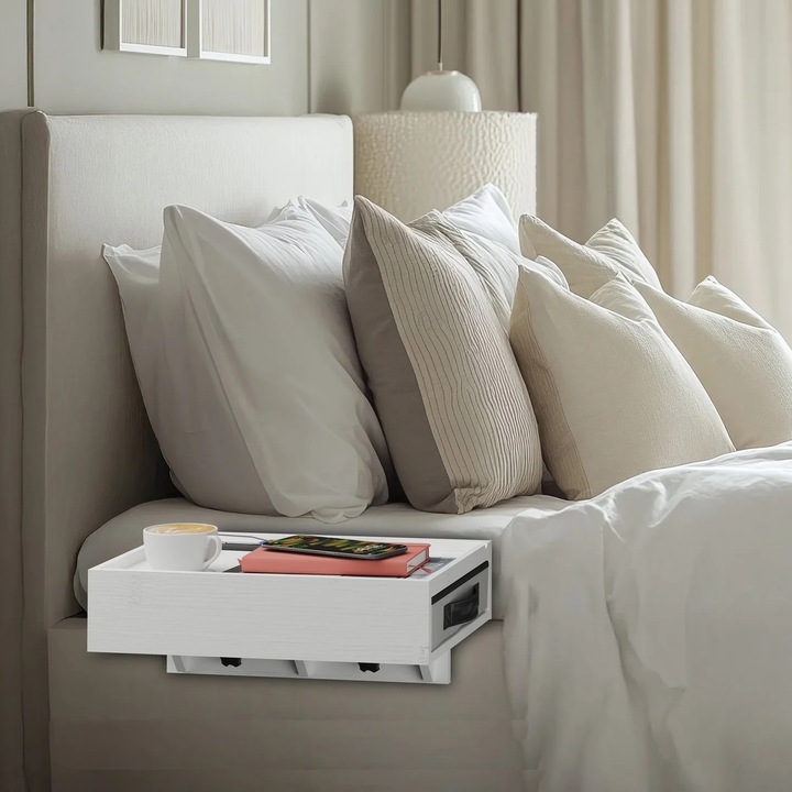 Raft de noptiera din bambus cu clips cu sertar pentru spatii mici