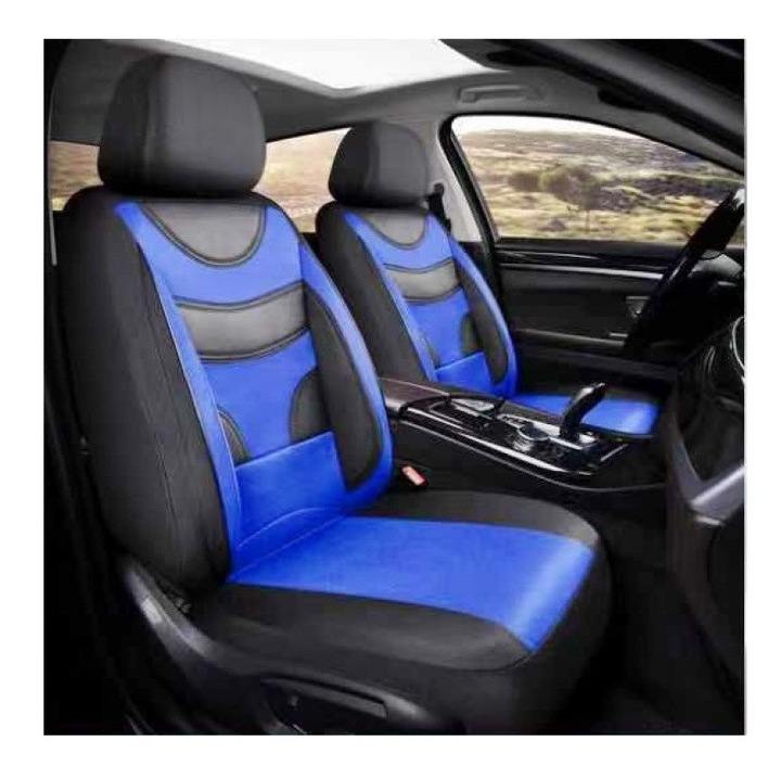 Huse Auto Universale 11 Piese fractionate Negru cu Albastru Compatibile Scaune Fata si Spate