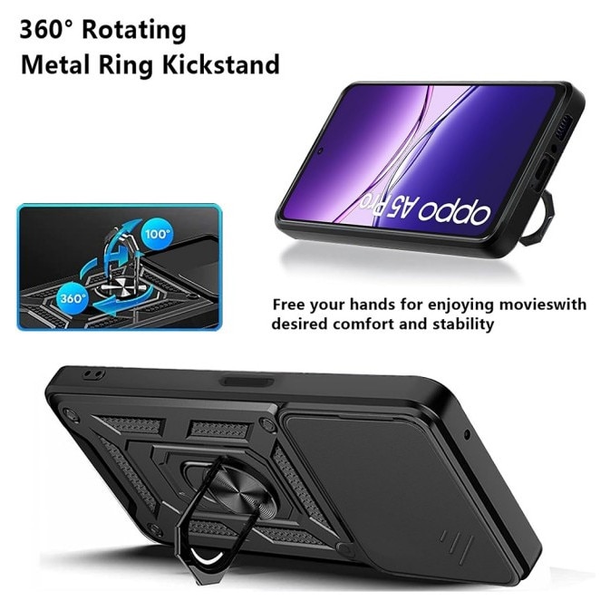 Husa Spate Upzz® Camshield Compatibila Cu Oppo A5 Pro 4G / A5 Pro 5G, Protectie La Camere, Inel Metalic, Stand - Negru
