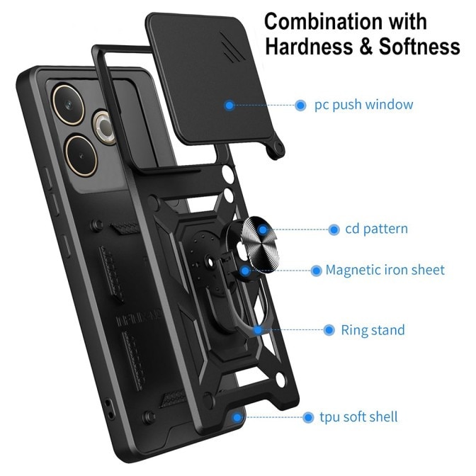 Husa Spate Upzz® Camshield Compatibila Cu Oppo A5 Pro 4G / A5 Pro 5G, Protectie La Camere, Inel Metalic, Stand - Negru