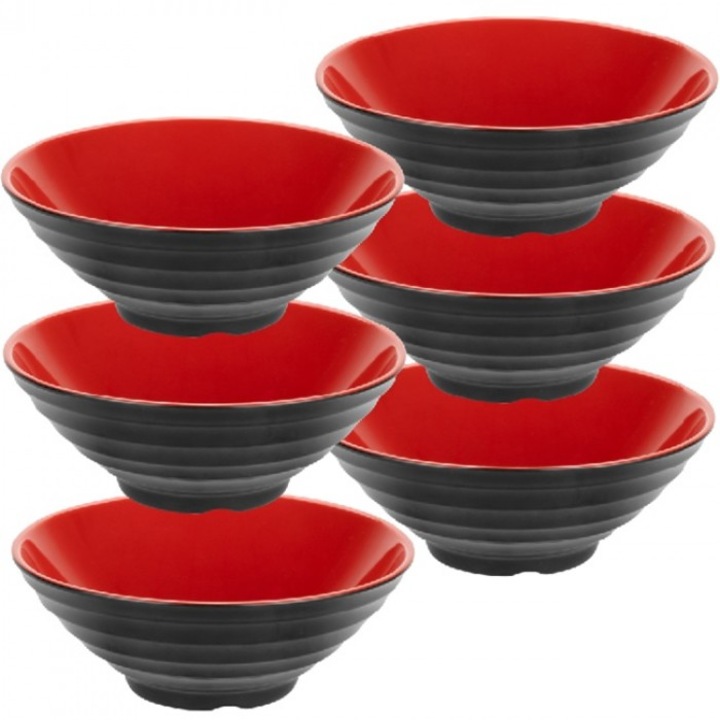 Set 6 boluri melamina RAKI SHIBUI 20cm, negru/rosu