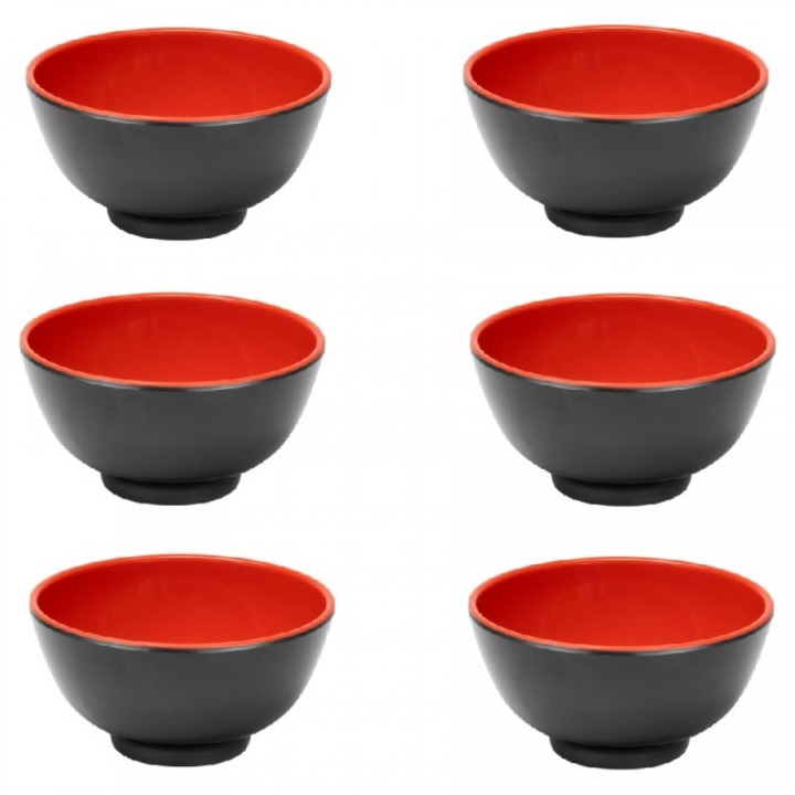 Set 6 boluri Raki Shibui, melamina, 10cm, negru/roșu, pentru orez/carne