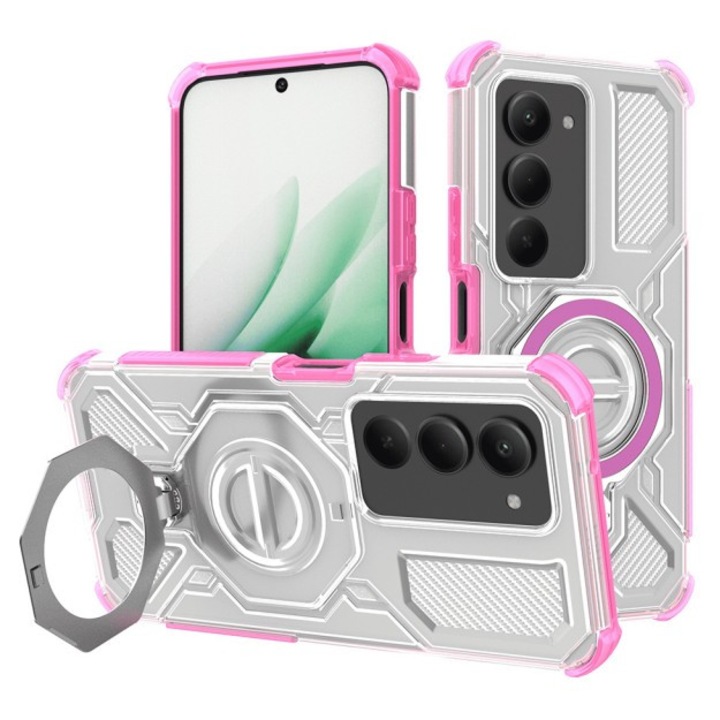 Husa Upzz® Carbon Shield Compatibila Cu Xiaomi Redmi 15 4G / 5G, Inel Magnetic Si Stand, Super Protectie - Pink