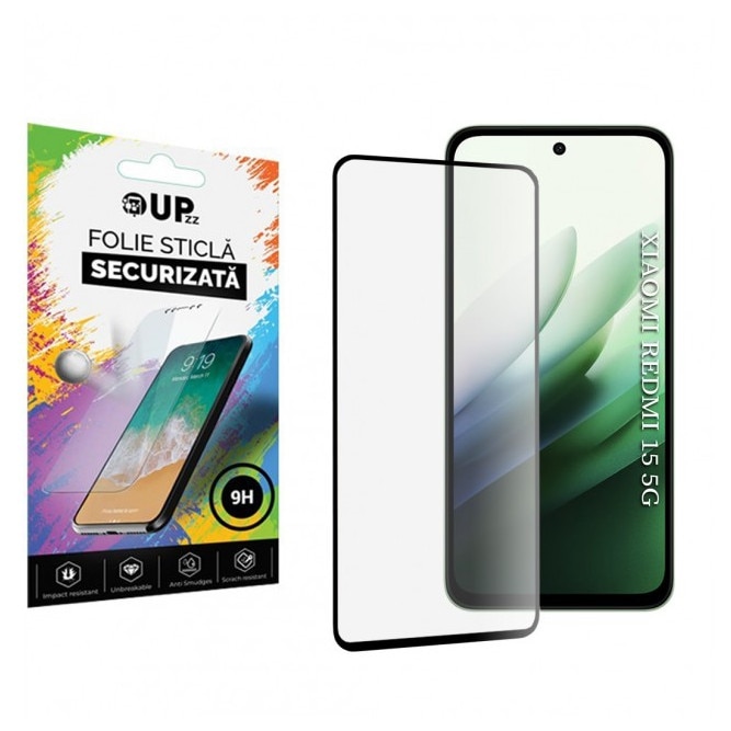Folie Sticla Securizata Upzz® Compatibila Cu Xiaomi Redmi 15 4G / 5G, Transparenta Cu Rama Neagra, Full Glue