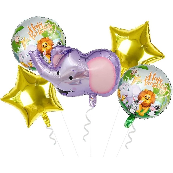Balon din Folie Metalizata, Southern Sky, Mini Figurina Rotunda, Model Animalute, Happy Birthday, Tematica Aniversare, 45 cm, Ambalaj Individual, Pai Inclus, Umflare cu Aer sau Heliu, Multicolor