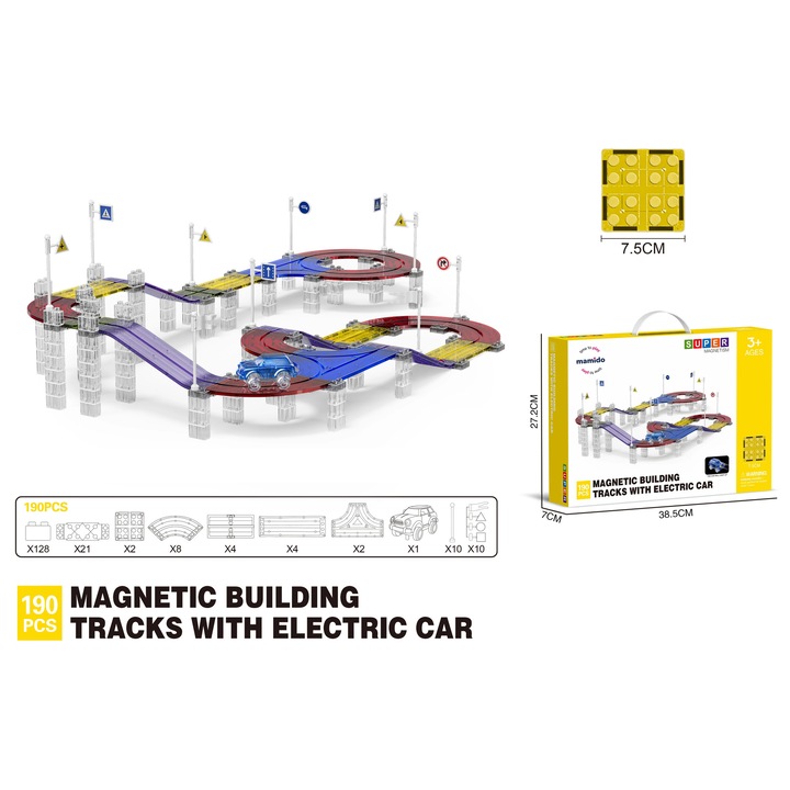 Mamido Магнитен конструктор с писта за състезания и електрическа кола, 190 части MT1473