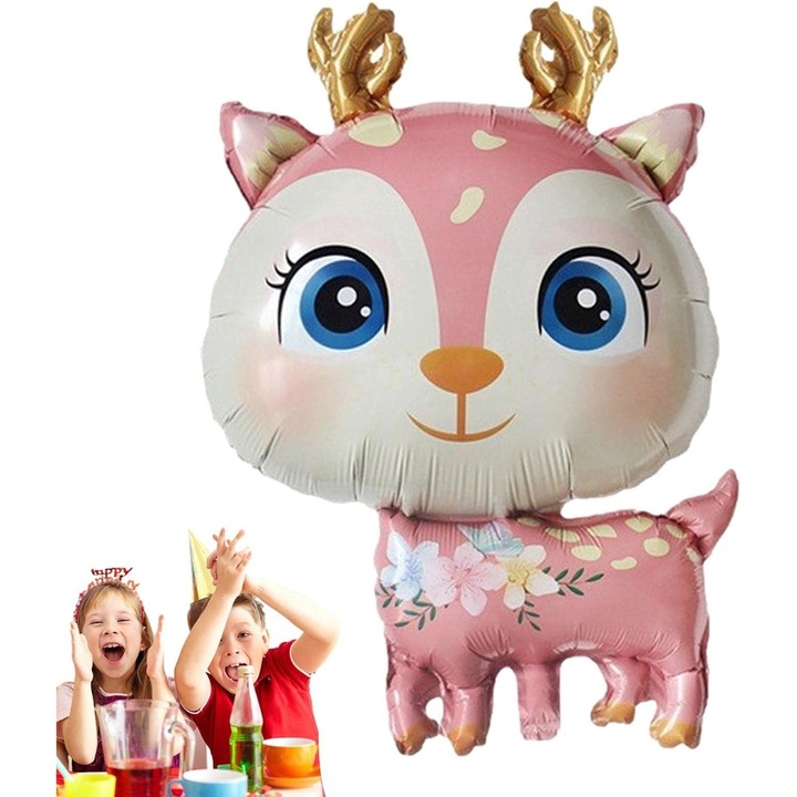 Balon din Folie Metalizata, Southern Sky, Mini Figurine, Model Cerb, Tematica Aniversare, 49x74.5 cm, Ambalaj Individual, Pai Inclus, Umflare cu Aer sau Heliu, Roz