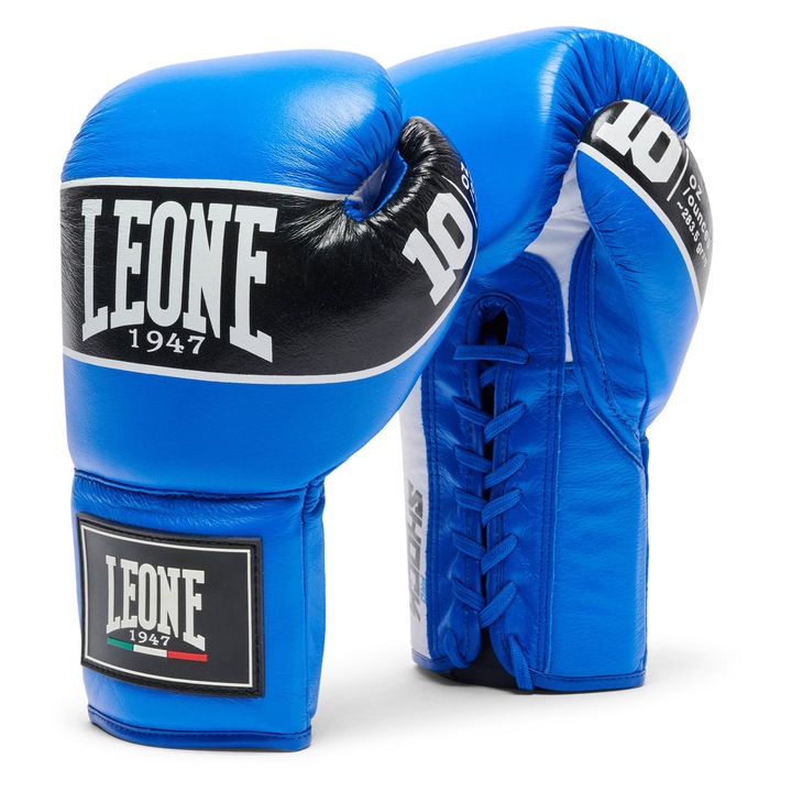 Manusi de box Leone1947 Shock Pro, piele de bivol, umplutura latex-EVA, albastru, 10oz