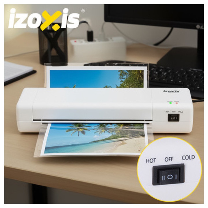 Lamináló A4 4 az 1-ben IZOXIS, 500W, gyors felmelegedés 90 mp, hideg- és meleglaminálás, vágó + saroklekerekítő mellékelve, 60 fólia