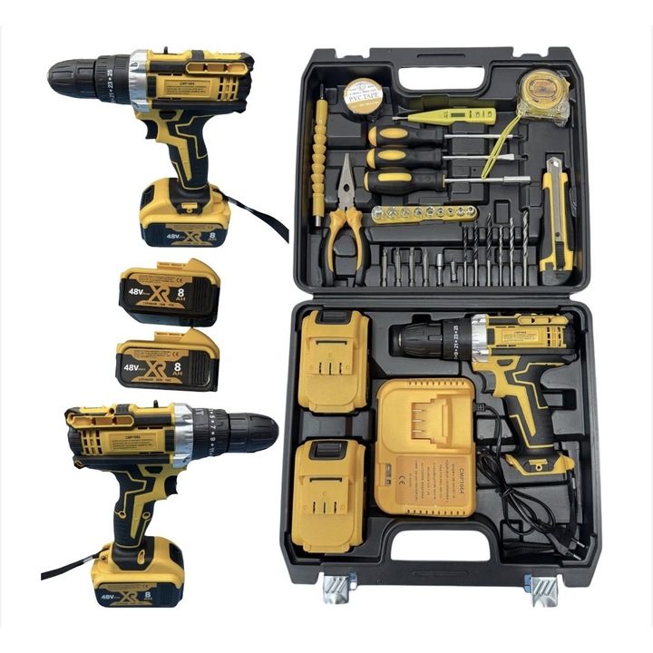 Masina de gaurit si insurubat cu percutie, 30 accesorii, 2 Baterii 48V, incarcator inclus, set