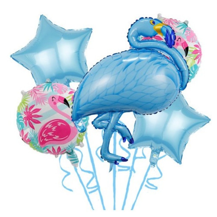 Set Baloane party aniversare, Southern Sky, din Folie de aluminiu si Latex, set din 5 baloane Flamigo Party cu 2 stele, 2 baloane rotunde, 60 -90 cm, Albastru