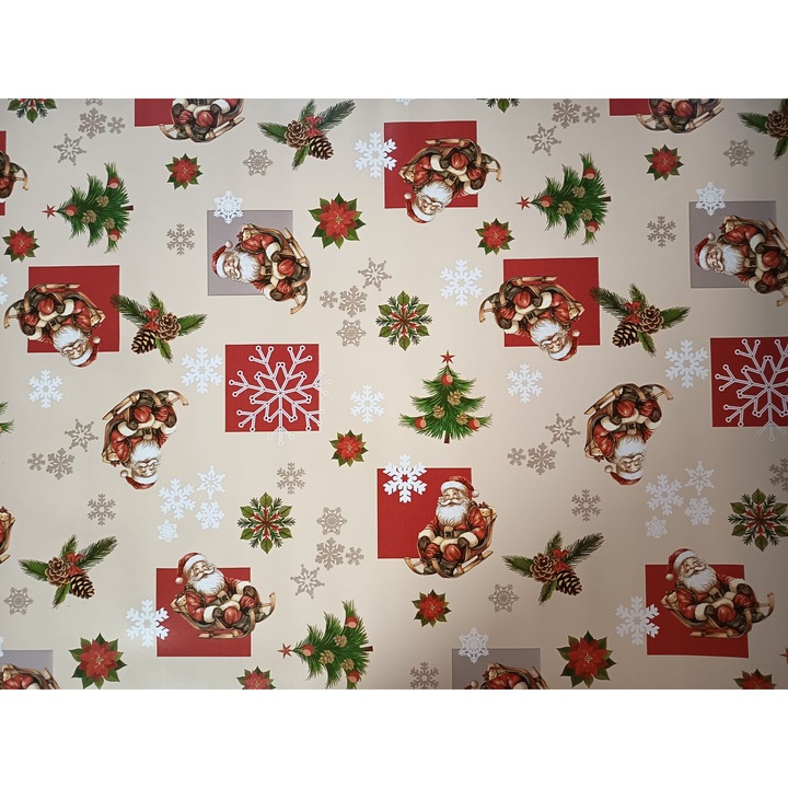 Водоустойчива покривка за маса 100x140 см – Мушама PVC/Текстил с Дядо Коледа, елхички и снежинки, кремаво-бежов фон