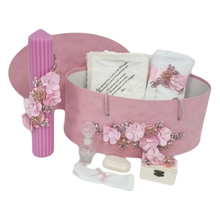Trusou botez elegant fetite in cutie catifea ovala si lumanare botez, culoare roz