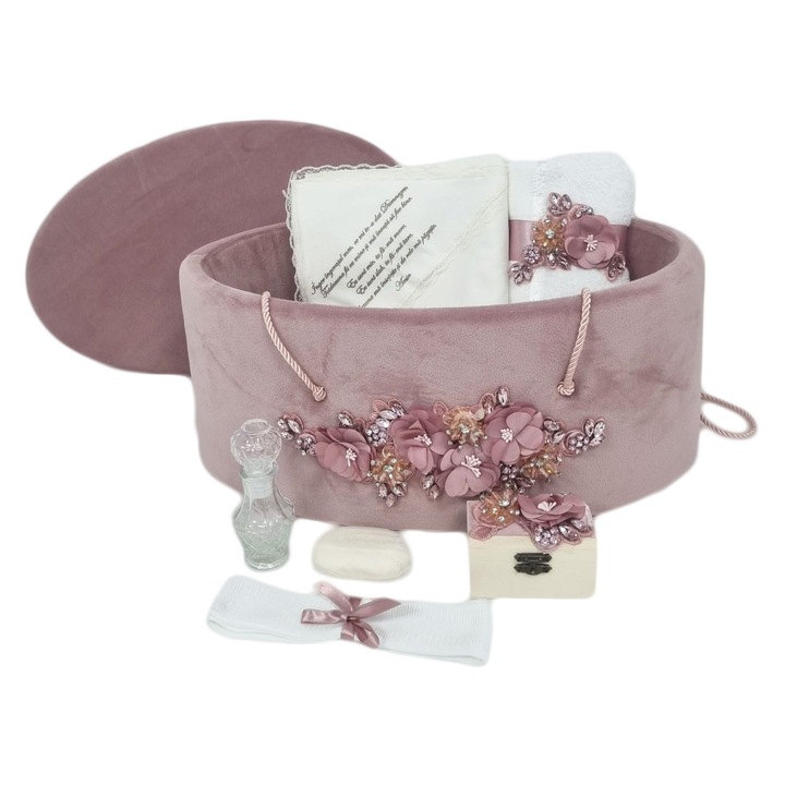 Trusou botez fetite, Fantasia Land, cutie catifea ovala, roz prafuit