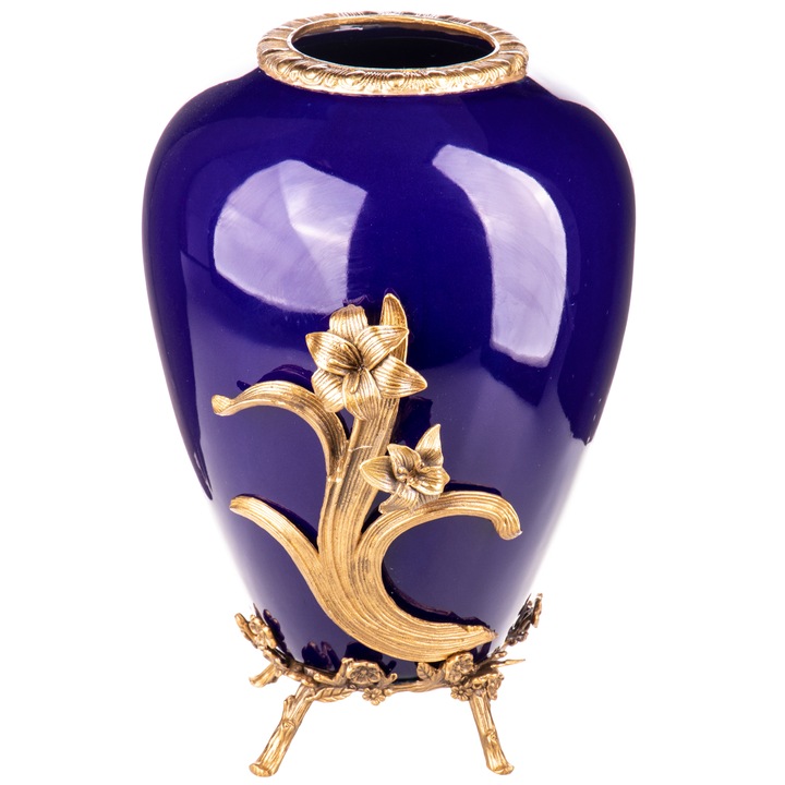 Vaza din portelan cobalt cu montura si detalii din bronz