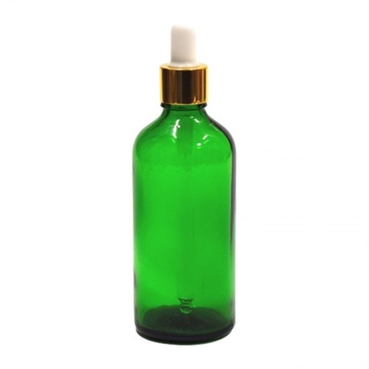 Sticla verde cu pipeta, capac pipeta auriu/cauciuc alb, 100ml