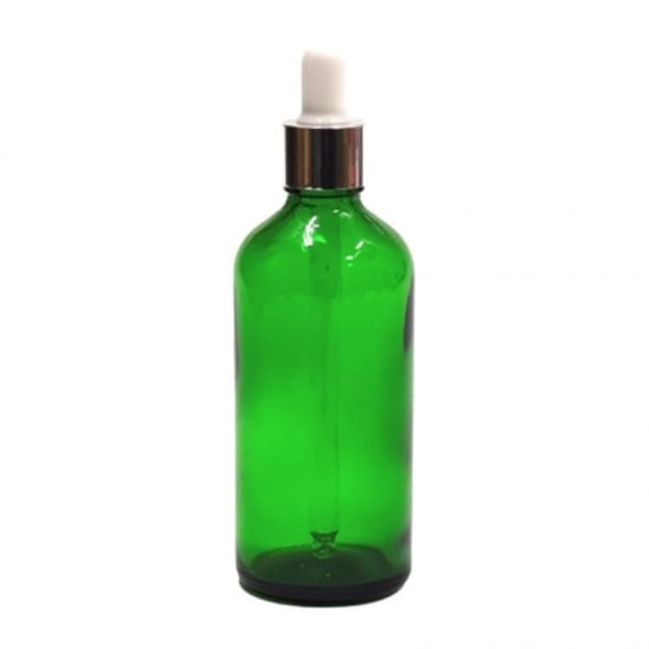 Sticla verde cu pipeta, capac pipeta argintiu/cauciuc alb, 100ml