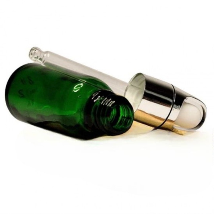 Sticla verde cu pipeta, capac cu inel, capac pipeta argintiu/cauciuc alb, 20ml