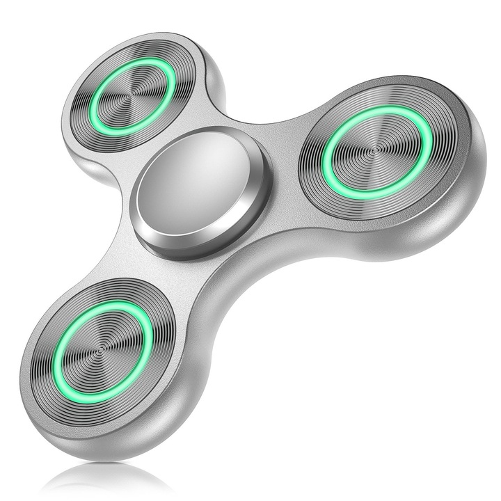Luminiscent Fidget Spinner Corp Aliaj Aluminiu Rulment Inox Rotatie 4-8 Minute Jucarie Fidget Antistres EDC pentru Focus si Concentrare Copii si Adulti Argintiu