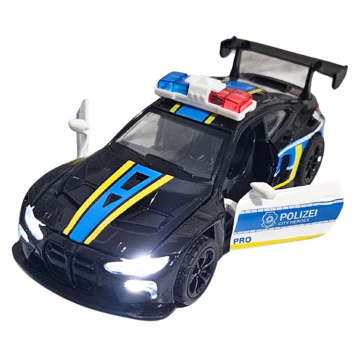 Masina Metalica Politie tip BMW M3, Sunete si Lumini, Usi Mobile, Pull-Back, 15.5cm, Negru